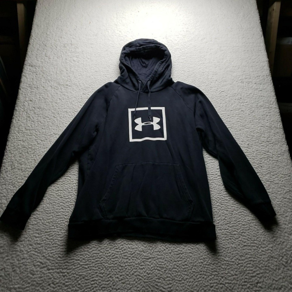 Under Armour Hoodie Mens 2XL Blue Fleece Pullover Box Logo Kangaroo Pocket